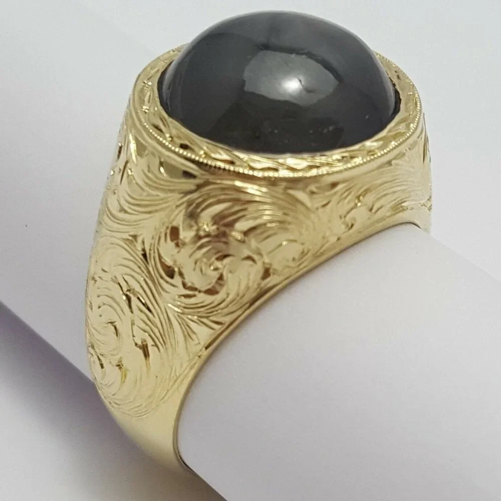 Yellow Gold 18K Karat Designer Gold Ring w/ Greenish Gray Sapphire GIA Certified